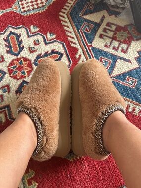 UGG Tan Faux Shearling Slip-On Clogs with Whipstitch Trim